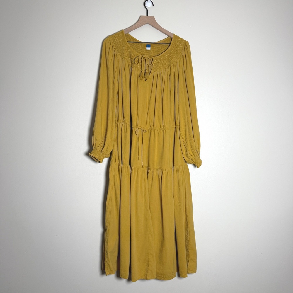 Old Navy Womens Cotton Dress 2X Mustard Yellow Smocked Tiered Maxi Tassels Boho